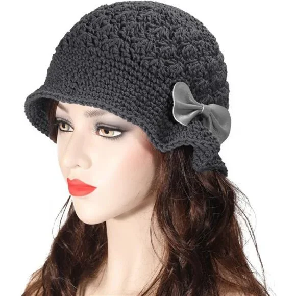 Women Winter Crochet Bucket Hat Bow Gray
